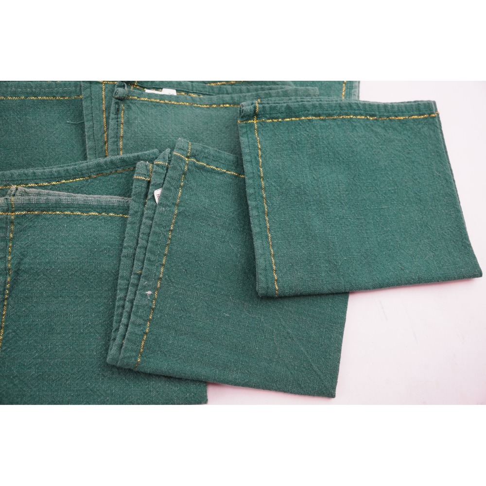 Set of 14 Vintage Christmas Green Cloth Napkins Gold Stitching Cotton - Picture 3 of 5
